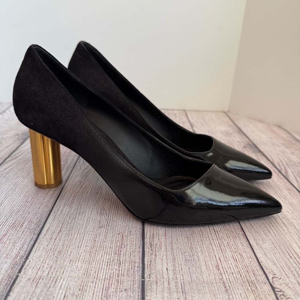 Salvatore Ferragamo Lucca Black Gold Heel Shoes 10